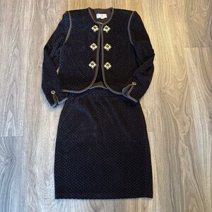 St. John vintage deep brown Chenille two-piece skirt and JKT set gold hardware